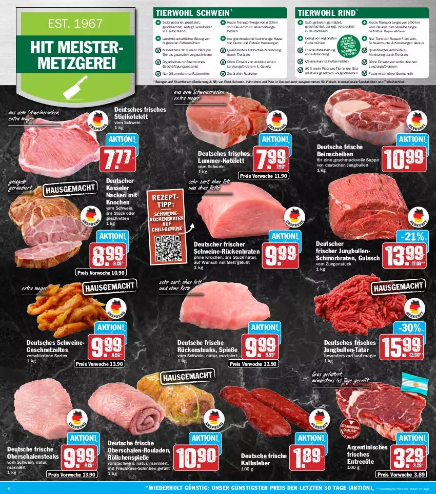 Aktueller Prospekt Hit - Wochenprospekt - von 10.03 bis 15.03.2025 - strona 4 - produkty: auer, Bau, Bauer, bio, braten, chili, eis, ente, entrecôte, fleisch, frischkäse, Geflügel, geschnetzeltes, gulasch, jungbullen, Kalbsleber, Käse, kasseler, Kette, kotelett, mac, Meister, Mett, monitor, natur, pute, reis, Ria, rind, ring, rouladen, Rückenbraten, Rückensteak, rückensteaks, Schal, Schale, schinken, schmorbraten, schnitten, schwein, schweine, schweinerücken, Spezi, Sport, steak, steaks, suppe, Ti, Tiere, tisch, wein, weine, Zelt, ZTE