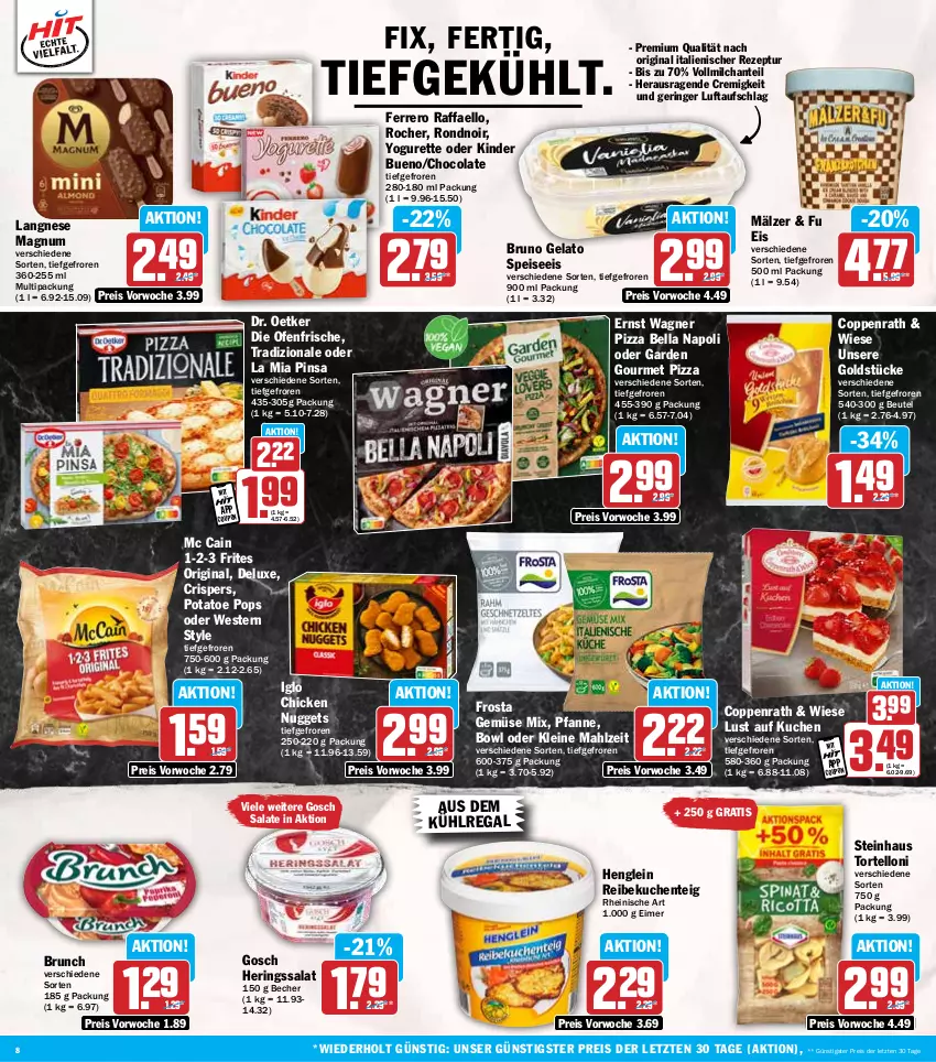 Aktueller Prospekt Hit - Wochenprospekt - von 10.03 bis 15.03.2025 - strona 8 - produkty: aus dem kühlregal, Becher, beutel, bruno gelato, chicken nuggets, cola, coppenrath, coupon, die ofenfrische, Dr. Oetker, eimer, eis, ente, ferrero, frosta, garden gourmet, Gemüse Mix, gin, Goldstücke, henglein, hering, Herings, iglo, Kinder, kinder bueno, kuchen, kühlregal, langnese, leine, Lust auf Kuchen, magnum, mc cain, milch, nuggets, Ofen, pfanne, pizza, raffaello, regal, reis, rezept, ring, salat, salate, steinhaus, Ti, torte, tortelloni, tradizionale, vollmilch, wagner, Weste, Yo, yogurette, ZTE