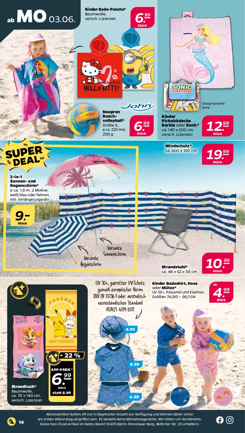 Aktueller Prospekt Netto - Woche 23 - von 03.06 bis 08.06.2024 - strona 14 - produkty: auer, aust, Bad, ball, Barbie, Bau, baumwolle, decke, eis, hose, Kinder, Mütze, picknickdecke, reis, Ria, shirt, sonnenschirm, strandtuch, stuhl, Ti, tuc, uv-schutz, Windschutz, wolle, ZTE