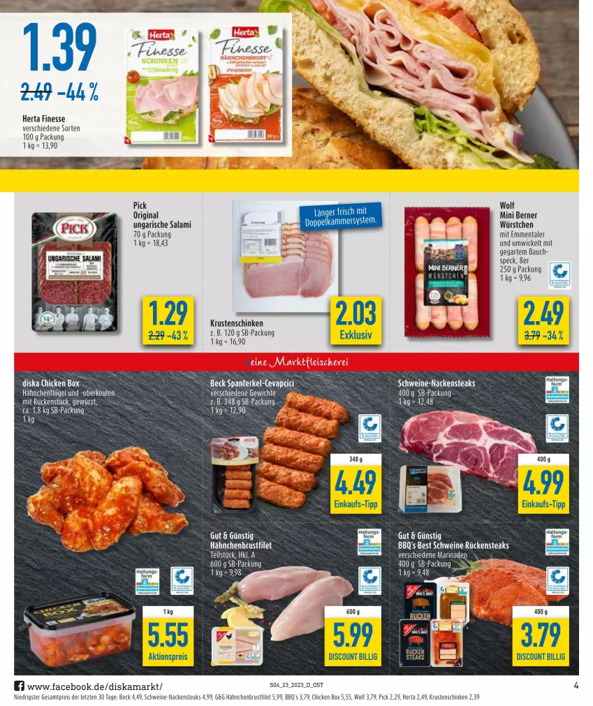 Aktueller Prospekt Diska - Prospekte - von 05.06 bis 10.06.2023 - strona 4 - produkty: aktionspreis, Bau, brustfilet, cevapcici, discount, eier, eis, emmentaler, filet, finesse, gewürz, hähnchenbrust, hähnchenbrustfilet, hähnchenflügel, herta, herta finesse, Krustenschinken, Nackensteak, nackensteaks, reis, Rückensteak, rückensteaks, salami, schinken, schwein, schweine, Speck, steak, steaks, tee, Ti, Ungarische Salami, wein, weine, WICK, würstchen, ZTE