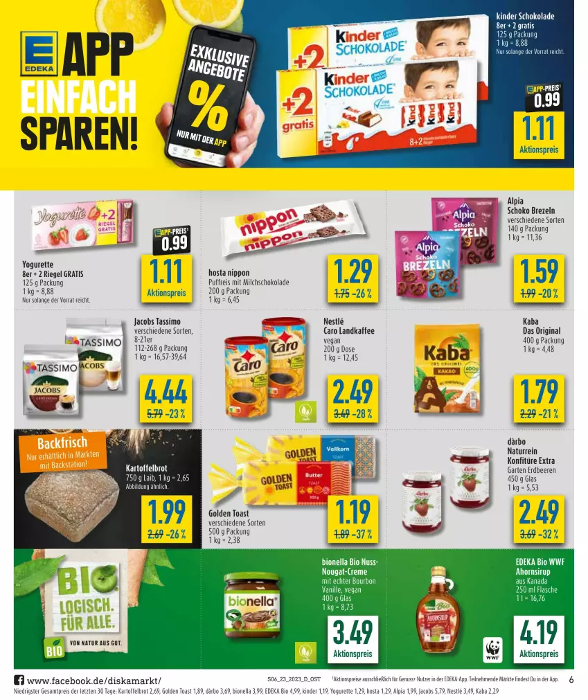 Aktueller Prospekt Diska - Prospekte - von 05.06 bis 10.06.2023 - strona 6 - produkty: aktionspreis, alpia, beere, beeren, bio, bourbon, brezel, Brezeln, brot, darbo, deka, edeka bio, eis, erdbeere, erdbeeren, flasche, Garten, gin, golden toast, jacobs, jacobs tassimo, kaffee, kartoffel, Kartoffelbrot, Kinder, kinder schokolade, konfitüre, konfitüre extra, milch, natur, ndk, nippon, nuss, reis, riegel, schoko, schokolade, sim, tassimo, Ti, toast, vanille, Yo, yogurette, ZTE