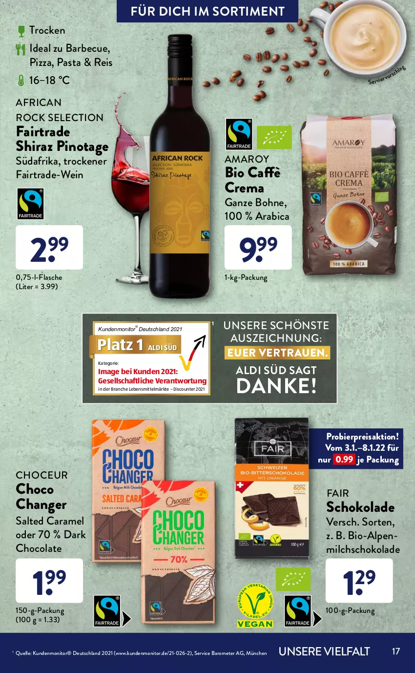 Aktueller Prospekt AldiSud - ALDI Sortiment - von 01.01 bis 31.01.2022 - strona 17 - produkty: aldi, alpenmilch, amaro, banane, bananen, barbecue, bier, bio, bohne, caffè crema, caramel, cola, discount, eis, elle, flasche, kakao, lebensmittel, milch, monitor, nuss, pasta, Pinot, pizza, reis, schoko, schokolade, Ti, vollmilch, wein