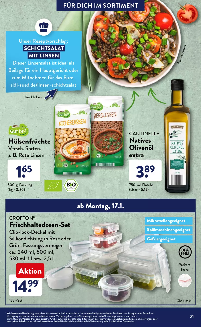 Aktueller Prospekt AldiSud - ALDI Sortiment - von 01.01 bis 31.01.2022 - strona 21 - produkty: agaven, aldi, alle artikel ohne dekoration, bio, Crofton, crofton®, Datteln, decke, Deckel, dekoration, dicksaft, eier, eis, elle, Ergee, flasche, frischhaltedosen, früchte, gin, hafer, haferflocken, hülsenfrüchte, ilag, linsen, mikrowelle, müsli, Müsliriegel, natives olivenöl, olive, oliven, olivenöl, olivenöl extra, pflaume, pflaumen, rezept, riegel, Rote Linsen, rwe, saft, salat, senf, snack, spülmaschinen, Ti, ZTE