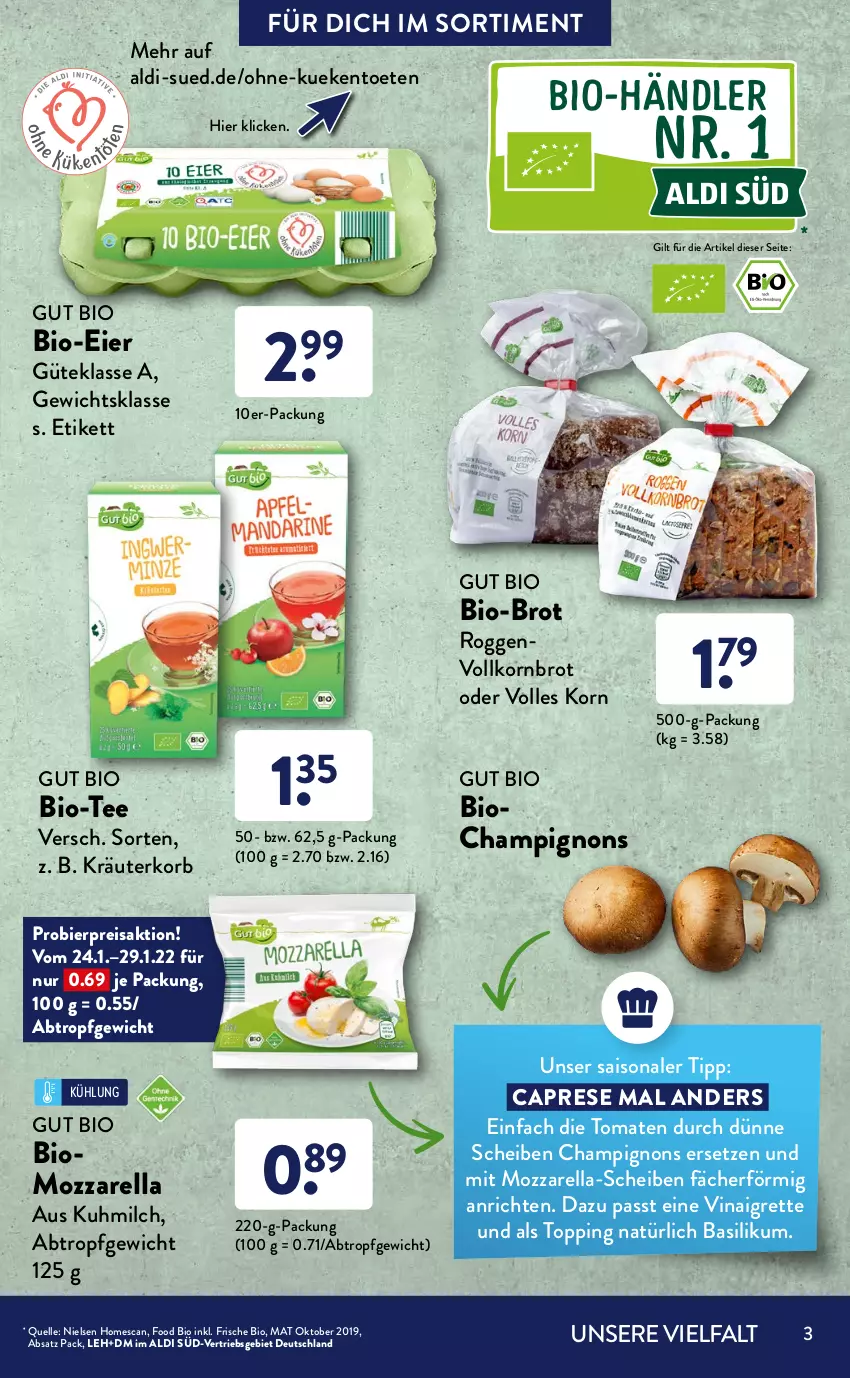 Aktueller Prospekt AldiSud - ALDI Sortiment - von 01.01 bis 31.01.2022 - strona 3 - produkty: aldi, Anrichte, basilikum, bier, bio, brot, Cap, champignon, champignons, cookie, cookies, eier, eis, eiswaffeln, elle, erde, Garten, hafer, Hafercookies, kakao, korb, korn, Kornbrot, kräuter, meersalz, milch, mozzarella, nuss, reis, Reiswaffeln, rel, saft, salz, schoko, schokolade, tee, Ti, tomate, tomaten, Tomatensaft, vollkornbrot, vollmilch, waffeln, Zartbitterschokolade