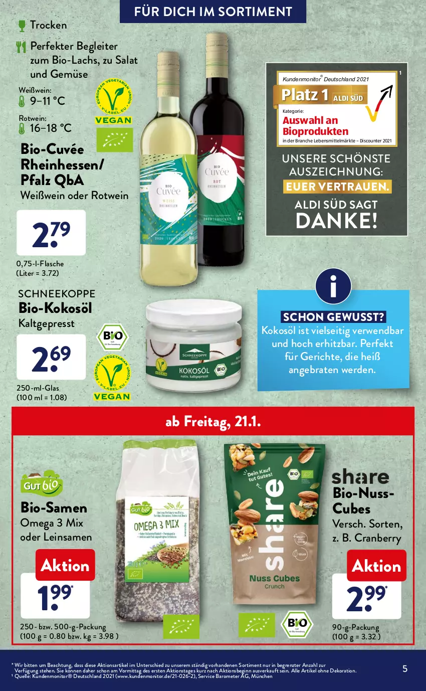 Aktueller Prospekt AldiSud - ALDI Sortiment - von 01.01 bis 31.01.2022 - strona 5 - produkty: aldi, alle artikel ohne dekoration, beutel, bier, bio, Bio-Gemüse, bohne, bohnen, braten, cranberry, cuvée, dekoration, discount, eis, elle, erde, filet, flasche, gin, kokos, kokosöl, kräuter, lachs, lachsfilet, lebensmittel, linsen, monitor, natur, nuss, omega, pasta, reis, rezept, Rote Linsen, rotwein, rwe, salat, Ti, topf, Topfkräuter, und gemüse, wein, Weißwein, ZTE