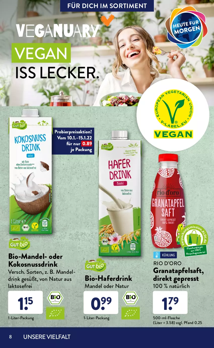 Aktueller Prospekt AldiSud - ALDI Sortiment - von 01.01 bis 31.01.2022 - strona 8 - produkty: apfel, apfelsaft, aufschnitt, bier, bio, brot, champignon, champignons, Clin, drink, eis, eiswaffeln, flasche, grana, granatapfel, gurke, hafer, Haferdrink, Hefe, kokos, kokosnuss, Kokosnussdrink, mais, Maiswaffeln, mandel, Mandeldrink, mehl, natur, nuss, Nussdrink, pastete, Rana, reis, Reiswaffeln, saft, ssd, Ti, veggie, waffeln