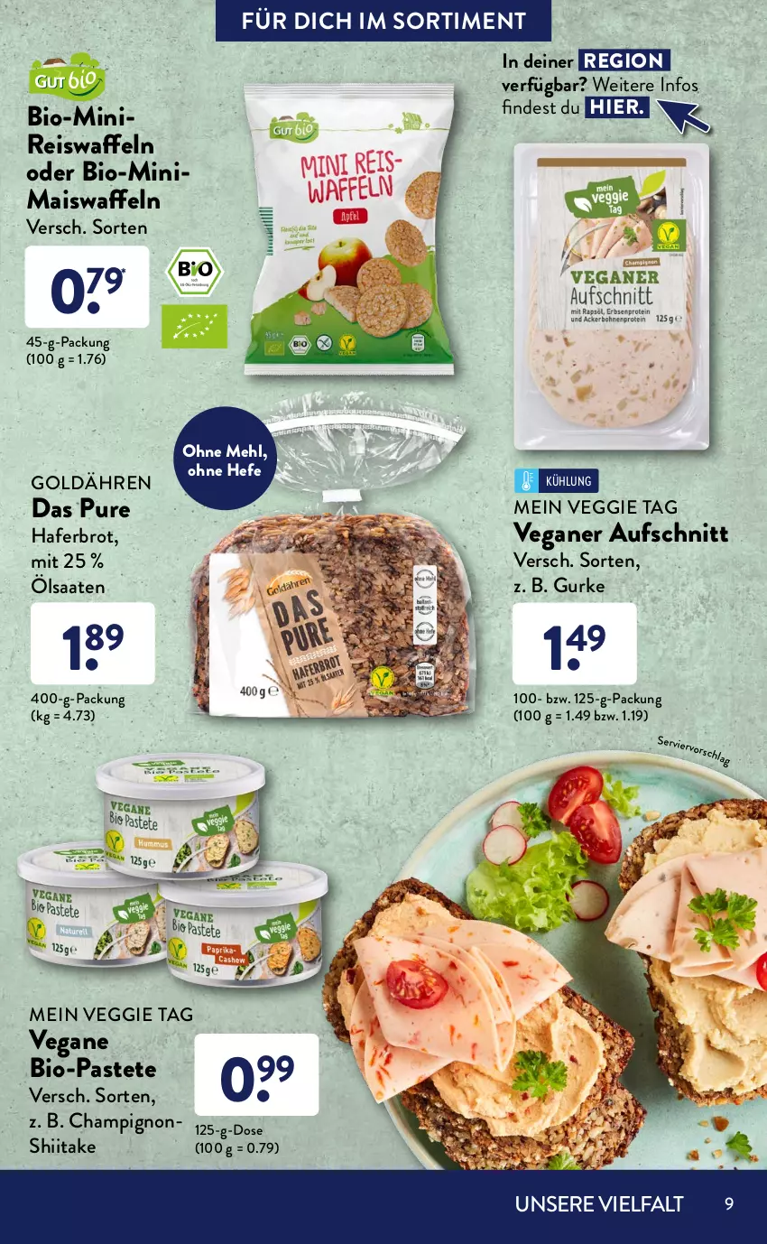 Aktueller Prospekt AldiSud - ALDI Sortiment - von 01.01 bis 31.01.2022 - strona 9 - produkty: apfel, apfelsaft, aufschnitt, bier, bio, brot, champignon, champignons, Clin, drink, eis, eiswaffeln, flasche, grana, granatapfel, gurke, hafer, Haferdrink, Hefe, kokos, kokosnuss, Kokosnussdrink, mais, Maiswaffeln, mandel, Mandeldrink, mehl, natur, nuss, Nussdrink, pastete, Rana, reis, Reiswaffeln, saft, ssd, Ti, veggie, waffeln