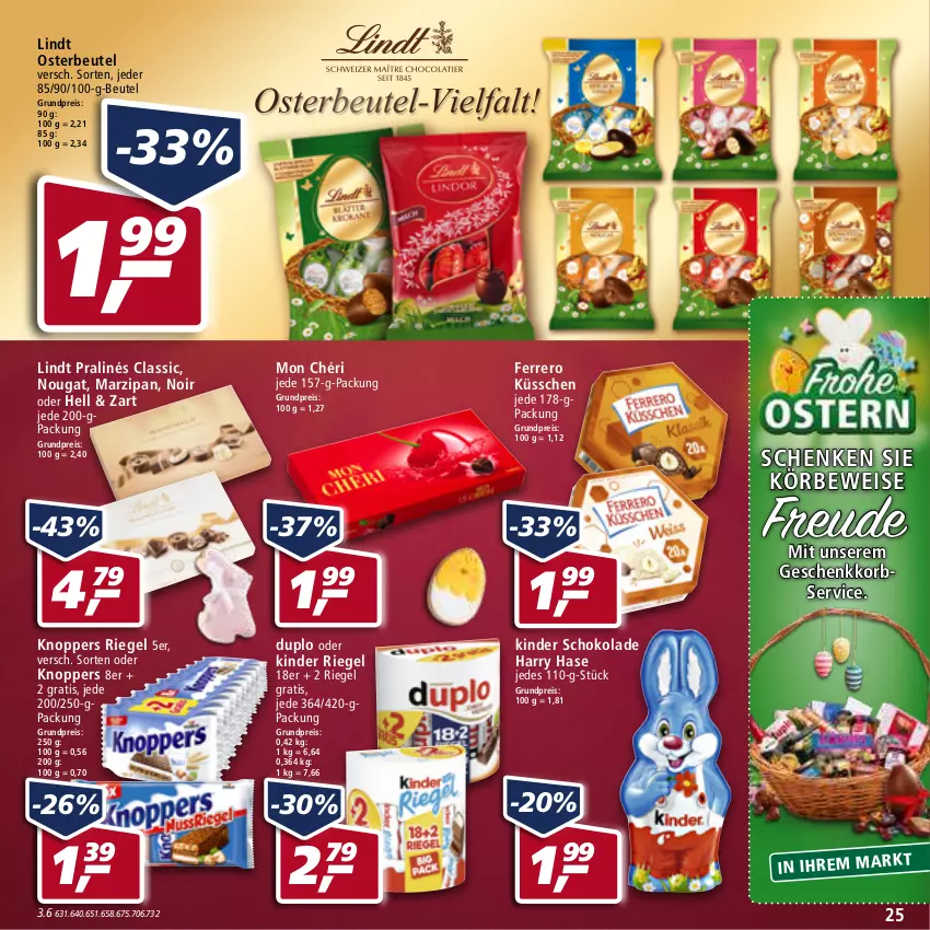 Aktueller Prospekt Real - von 11.04 bis 16.04.2022 - strona 25 - produkty: beutel, duplo, eis, ferrero, Ferrero Küsschen, Kinder, kinder riegel, kinder schokolade, knoppers, korb, lindt, marzipan, Mon Chéri, reis, riegel, schoko, schokolade, Ti