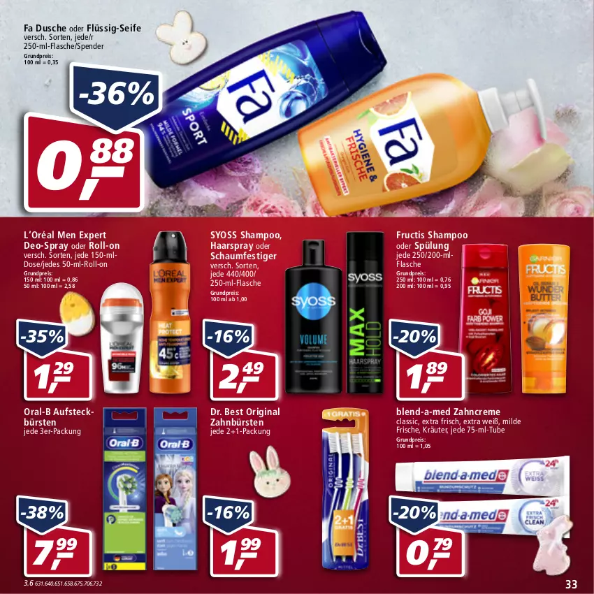 Aktueller Prospekt Real - von 11.04 bis 16.04.2022 - strona 33 - produkty: aufsteckbürsten, blend-a-med, bürste, bürsten, creme, deo, Dr. Best, dusche, eis, flasche, fructis, gin, haarspray, kräuter, oder schaumfestiger, oral-b, reis, roll-on, schaumfestiger, Seife, shampoo, shampoo oder spülung, spülung, syoss, Ti, Yo, zahnbürste, zahnbürsten, zahncreme