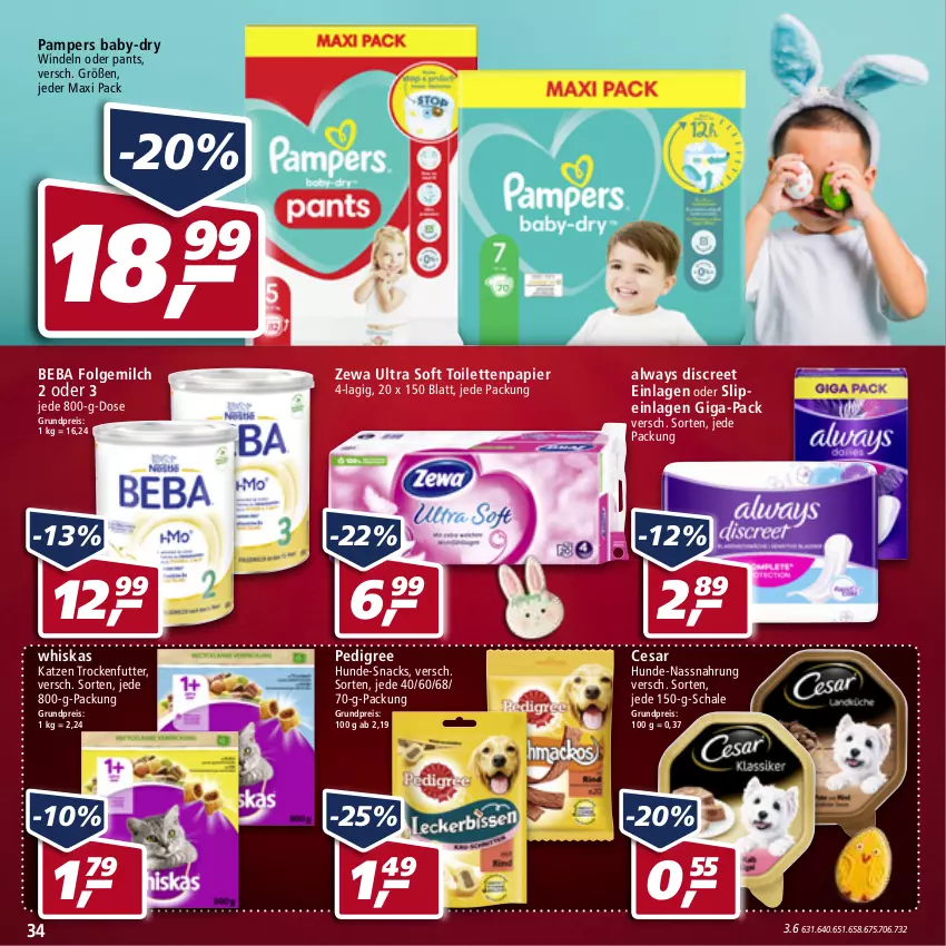 Aktueller Prospekt Real - von 11.04 bis 16.04.2022 - strona 34 - produkty: Alwa, Always, baby-dry, Beba, Discreet, eis, folgemilch, LG, milch, Nassnahrung, pampers, Pants, papier, pedigree, reis, Schal, Schale, slip, slipeinlagen, snack, snacks, toilettenpapier, trockenfutter, whiskas, windeln, windeln oder pants, zewa