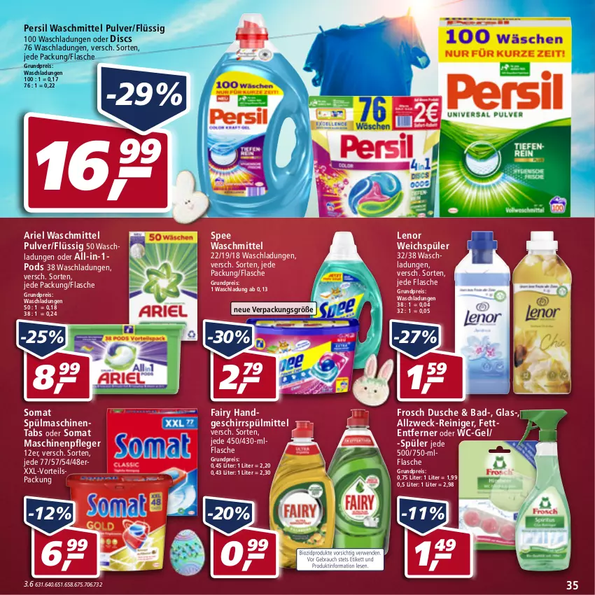 Aktueller Prospekt Real - von 11.04 bis 16.04.2022 - strona 35 - produkty: ariel, ariel waschmittel, Bad, dusche, eis, fairy, flasche, Frosch, geschirr, geschirrspülmittel, lenor, lenor weichspüler, Maschinenpfleger, persil, persil waschmittel, Pods, reiniger, reis, somat, spee, spülmaschinen, spülmaschinentabs, spülmittel, waschmittel, wc-gel, weck, weichspüler