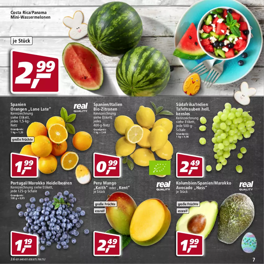 Aktueller Prospekt Real - von 11.04 bis 16.04.2022 - strona 7 - produkty: avocado, beere, beeren, bio, bio-zitronen, eis, früchte, heidelbeere, heidelbeeren, mango, melone, melonen, orange, orangen, reis, Schal, Schale, tafeltrauben, Ti, trauben, wasser, wassermelone, wassermelonen, zitrone, zitronen