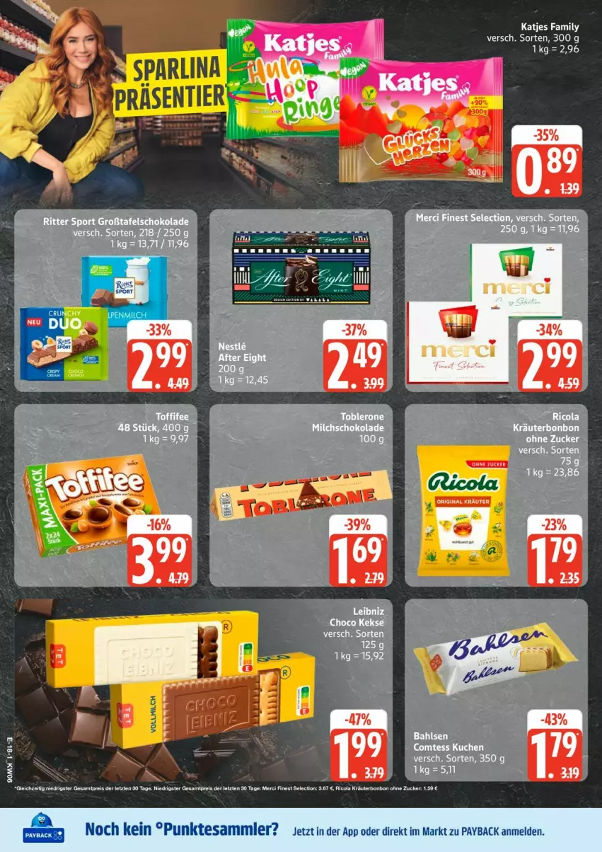 Aktueller Prospekt Edeka - Prospekte - von 02.02 bis 07.02.2026 - strona 22 - produkty: after eight, bahlsen, cola, eis, katjes, kräuter, merci, payback, reis, Ricola, ritter, ritter sport, schoko, schokolade, Sport, tafelschokolade, tee, tesa, Ti, toblerone, toffifee, ZTE, zucker
