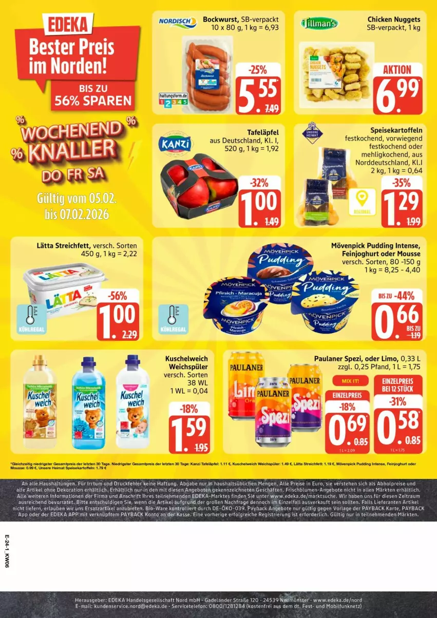 Aktueller Prospekt Edeka - Prospekte - von 02.02 bis 07.02.2026 - strona 28 - produkty: alle artikel ohne dekoration, bockwurst, chicken nuggets, deka, dekoration, eis, Elan, elle, ente, feinjoghurt, joghur, joghurt, kartoffel, kartoffeln, Kuschelweich, lätta, latte, limo, mehl, mousse, mövenpick, nuggets, Paula, paulaner, payback, pudding, reis, speisekartoffeln, Spezi, tafeläpfel, telefon, Ti, weichspüler, wurst, ZTE