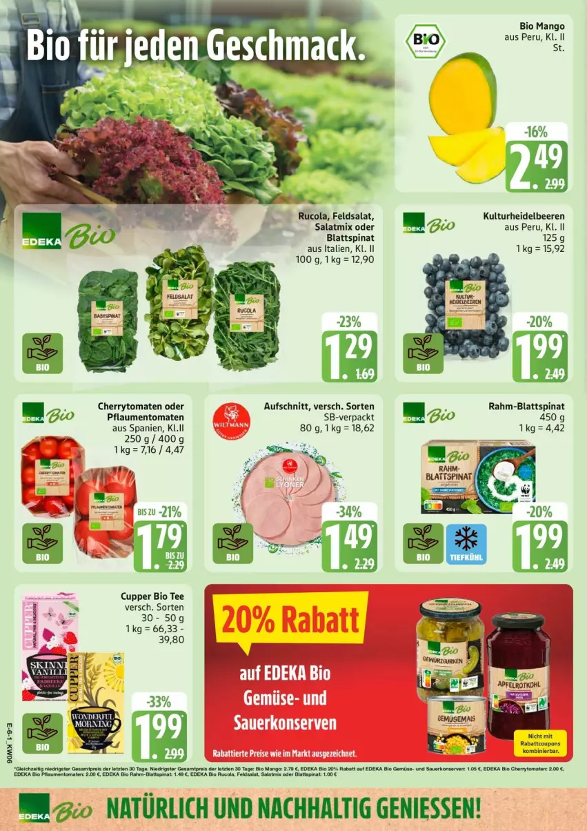 Aktueller Prospekt Edeka - Prospekte - von 02.02 bis 07.02.2026 - strona 6 - produkty: aufschnitt, beere, beeren, bio, blattspinat, cherrytomaten, cola, coupon, coupons, deka, edeka bio, eis, feldsalat, heidelbeere, heidelbeeren, mango, pflaume, pflaumen, reis, rucola, salat, Salatmix, spinat, tee, Ti, tomate, tomaten
