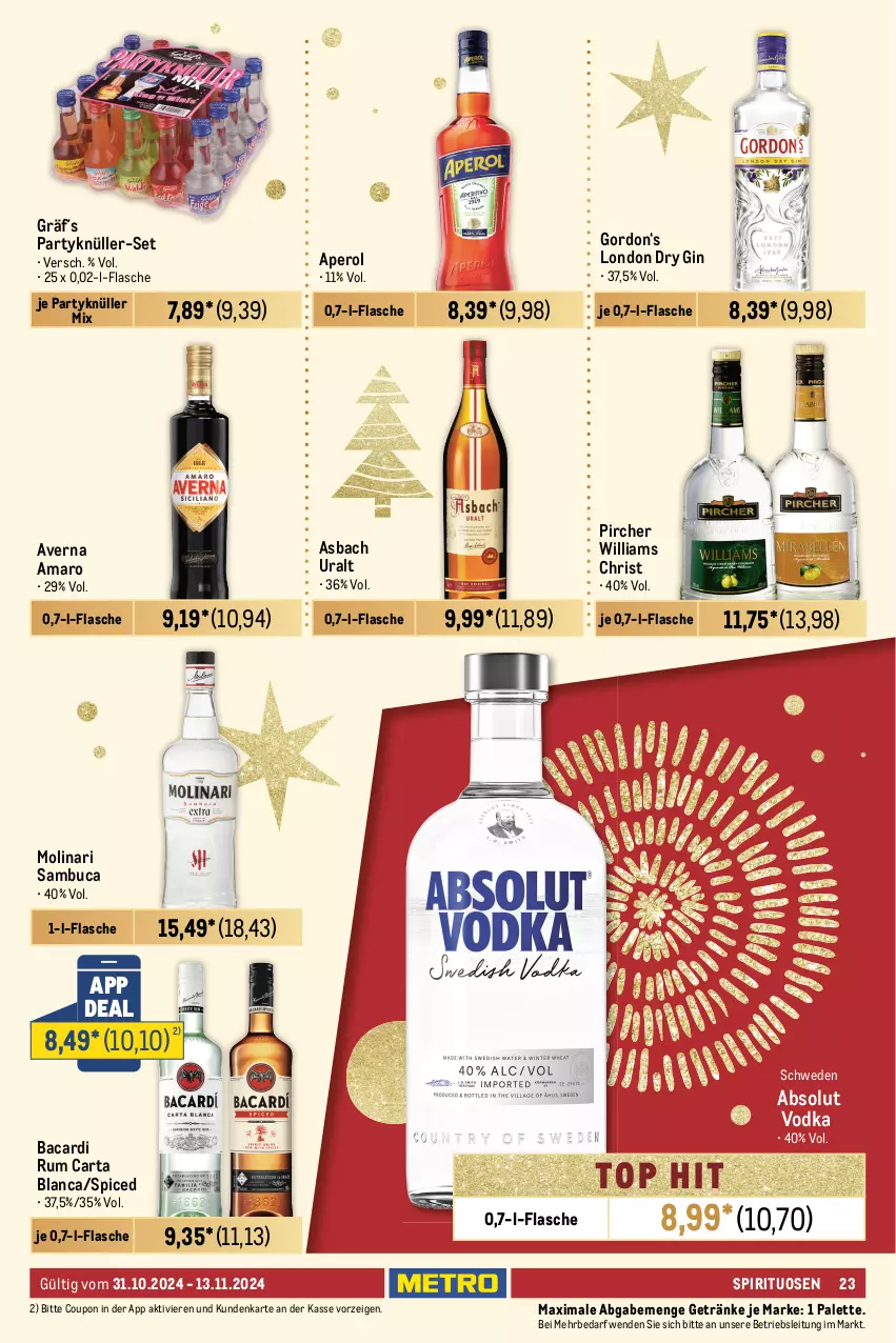 Aktueller Prospekt Metro - Food-NonFood - von 31.10 bis 13.11.2024 - strona 23 - produkty: Absolut Vodka, alkohol, amaro, ananas, aperol, asbach uralt, auer, auto, averna, bacardi, bacardi rum, Bad, beere, beeren, brombeere, brombeeren, brut, brut dargent, burgunder, chardonnay, coupon, cuvée, de blancs, dry gin, eis, flasche, fleisch, frucht, früchte, früchten, getränk, getränke, gewürz, gin, Glühwein, gordon, grauer burgunder, grill, Holz, jules mumm, Kinder, kirsch, kirsche, kirschen, küche, lamm, Lammfleisch, LG, london dry, london dry gin, magnum, Molinari, mumm, natur, natura, ohne alkohol, orange, orangen, Palette, perla, pfirsich, pflaume, pflaumen, pircher, Rauch, reis, rind, rotwein, rum, sambuca, Schal, Schale, sekt, sim, spirituosen, Ti, tisch, vanille, vodka, wein, Wild, zitrone, zitronen