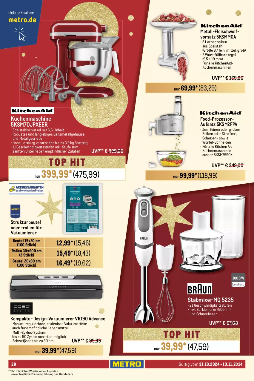 Aktueller Prospekt Metro - Food-NonFood - von 31.10 bis 13.11.2024 - strona 28 - produkty: auer, auto, Bagel, beutel, brot, edelstahl, eis, Elektro, elle, erde, espresso, fleisch, getränk, getränke, gin, glas-wasserkocher, kaffee, kaffeeautomat, kaffeemaschine, KitchenAid, Kocher, küche, Küchen, küchenmaschine, latte, lebensmittel, leine, LG, Metro, milch, Mixer, nespresso, reifen, reis, Schneebesen, schüssel, senf, stabmixer, tasse, teller, Ti, timer, toast, toaster, Vakuumierer, wasser, wasserkocher, würfel, wurst, Zerkleinerer