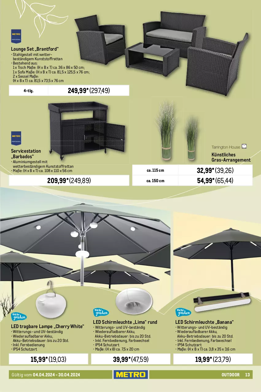 Aktueller Prospekt Metro - Outdoor & Grill - von 04.04 bis 30.04.2024 - strona 13 - produkty: akku, aluminiumgestell, auer, Bad, eis, fernbedienung, Holz, kissen, Kissenbezug, Lampe, latte, Leuchte, LG, Metro, reis, sessel, sitzkissen, Sofa, stuhl, Ti, tisch