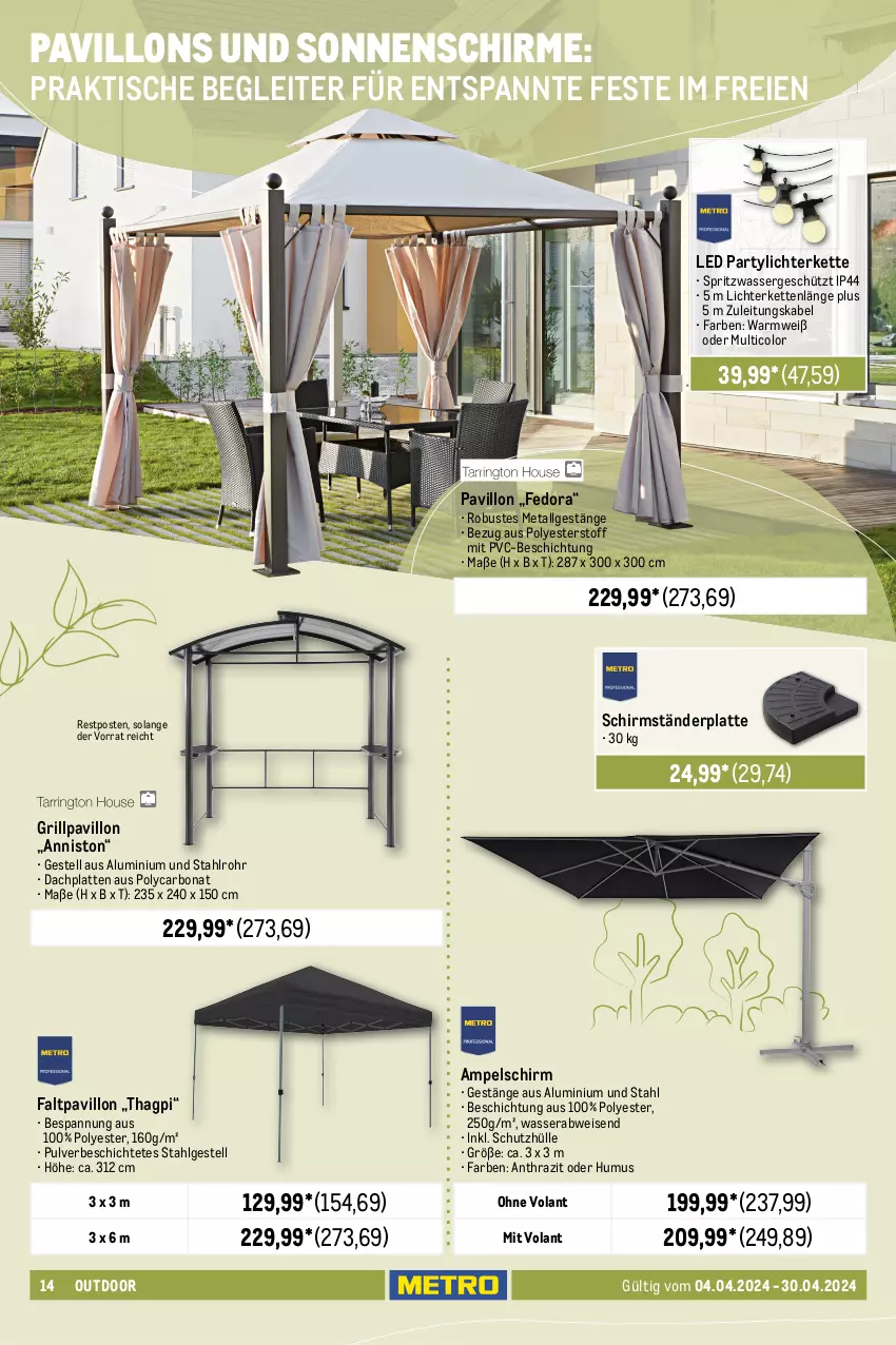 Aktueller Prospekt Metro - Outdoor & Grill - von 04.04 bis 30.04.2024 - strona 14 - produkty: ampelschirm, auflagenbox, auto, beleuchtung, Bodenplatte, Bona, dell, eis, erde, Faltpavillon, grill, Grillpavillon, HP, Kette, kissen, latte, LG, lichterkette, Metro, Mode, pavillon, reis, Ria, schirme, schirmständer, schutzhülle, sessel, sitzkissen, sonnenschirm, Spiele, Ti, tisch, wasser