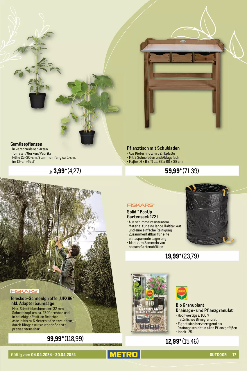 Aktueller Prospekt Metro - Outdoor & Grill - von 04.04 bis 30.04.2024 - strona 17 - produkty: adapter, auto, Bau, bio, blume, blumen, braun, eis, ente, erde, Garten, Gartensack, gartenschlauch, Gewächshaus, gurke, gurken, heinz, Holz, honig, kleid, kräuter, kräutern, latte, messer, obst, paprika, pflanze, pflanzen, Reinigung, reis, Ria, sac, säge, schlauch, schubladen, Teleskop, Ti, tisch, tomate, tomaten, topf, uhr, wasser