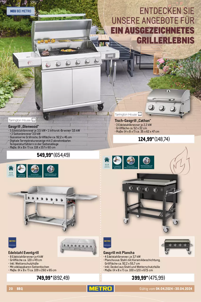 Aktueller Prospekt Metro - Outdoor & Grill - von 04.04 bis 30.04.2024 - strona 20 - produkty: ACC, angebot, angebote, decke, Deckel, edelstahl, eis, elle, fisch, gasgrill, grill, grillfläche, grillrost, latte, Ofen, piezo-zündung, pizza, Pizzaofen, reis, rwe, saft, schutzhülle, steak, teller, thermometer, Ti, tisch