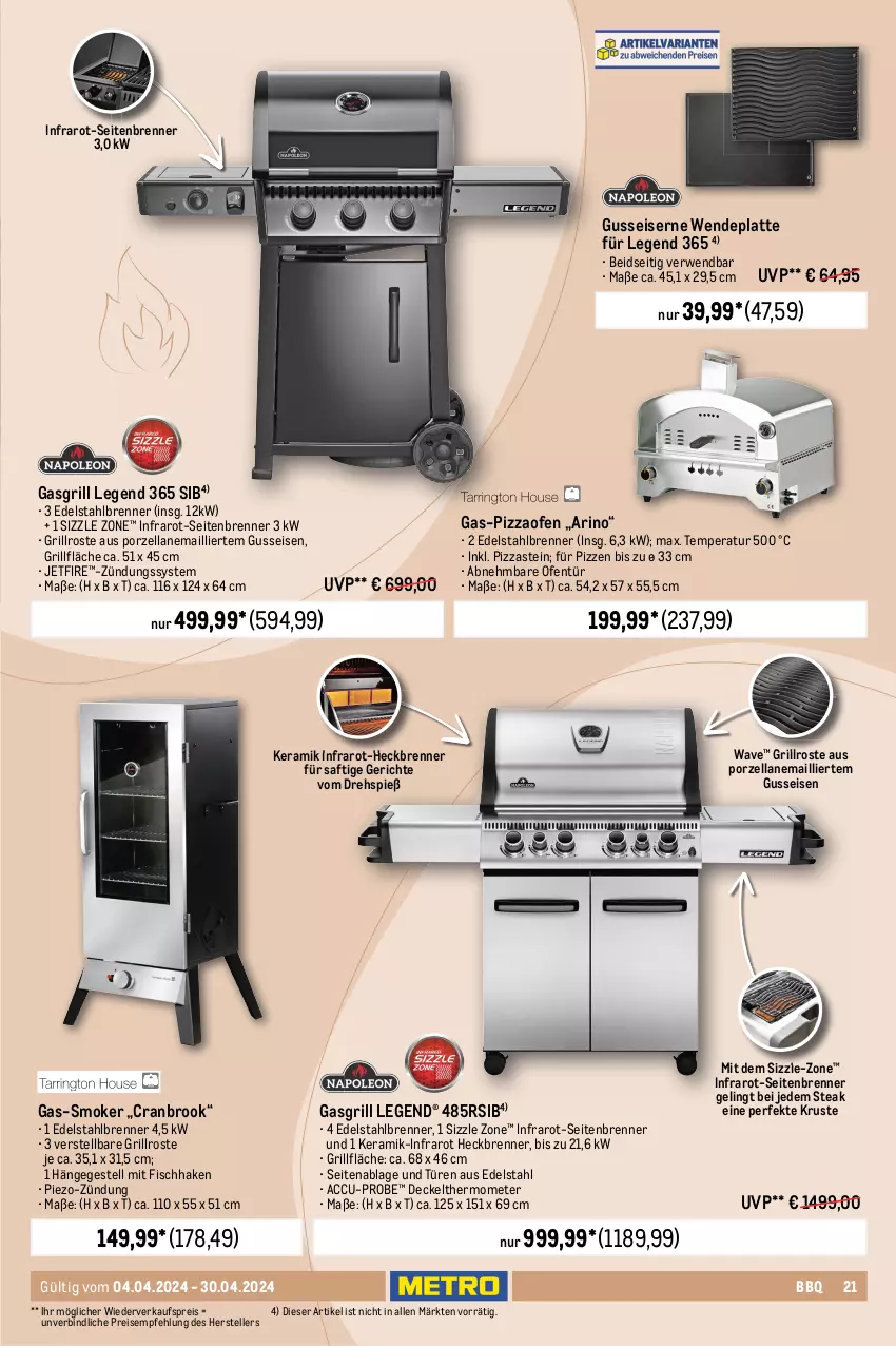 Aktueller Prospekt Metro - Outdoor & Grill - von 04.04 bis 30.04.2024 - strona 21 - produkty: ACC, angebot, angebote, decke, Deckel, edelstahl, eis, elle, fisch, gasgrill, grill, grillfläche, grillrost, latte, Ofen, piezo-zündung, pizza, Pizzaofen, reis, rwe, saft, schutzhülle, steak, teller, thermometer, Ti, tisch