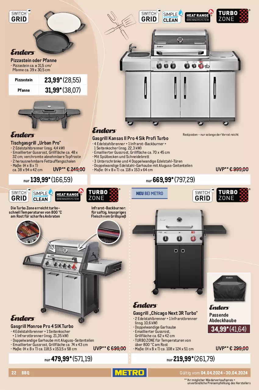 Aktueller Prospekt Metro - Outdoor & Grill - von 04.04 bis 30.04.2024 - strona 22 - produkty: abdeckhaube, auto, batterie, bosch, braten, char-broil, edelstahl, eis, elle, ente, flasche, fleisch, gasgrill, grill, grillfläche, grillplatte, grillrost, Grillzubehör, Kocher, latte, pfanne, pizza, reis, saft, Schal, Schale, schneidebrett, teller, thermometer, Ti, tisch, topf