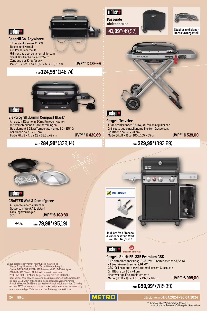 Aktueller Prospekt Metro - Outdoor & Grill - von 04.04 bis 30.04.2024 - strona 24 - produkty: abdeckhaube, auto, besteck, braten, decke, Deckel, edelstahl, eis, Elektro, elle, ente, gasgrill, gin, grill, grillfläche, grillrost, gutschein, lack, LG, maille, reis, Schal, Schale, spülmaschinen, teller, thermometer, Ti, tisch, weber, wok