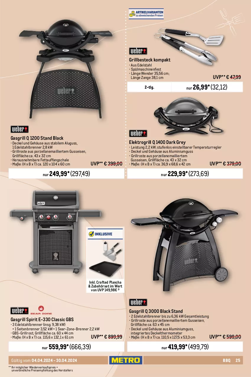 Aktueller Prospekt Metro - Outdoor & Grill - von 04.04 bis 30.04.2024 - strona 25 - produkty: abdeckhaube, auto, besteck, braten, decke, Deckel, edelstahl, eis, Elektro, elle, ente, gasgrill, gin, grill, grillfläche, grillrost, gutschein, lack, LG, maille, reis, Schal, Schale, spülmaschinen, teller, thermometer, Ti, tisch, weber, wok