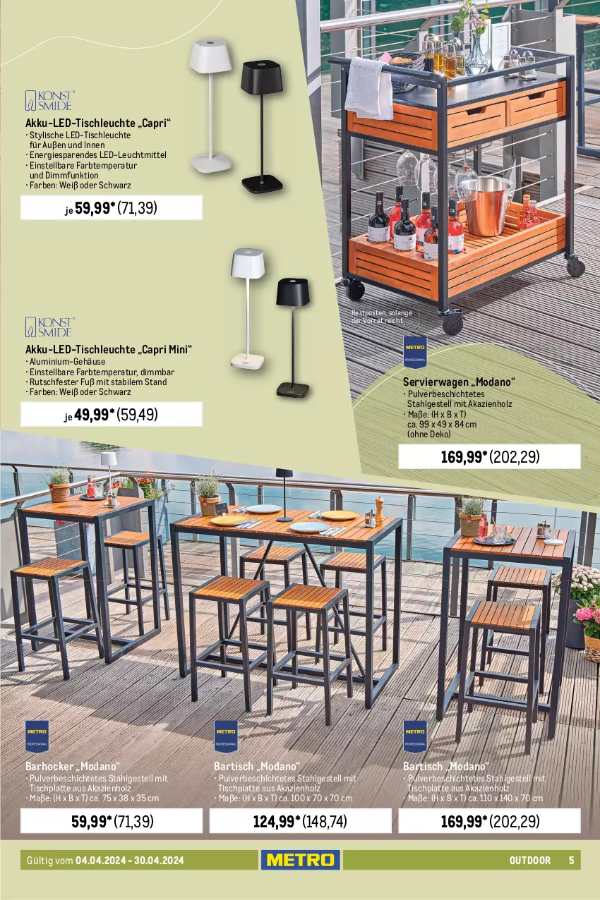 Aktueller Prospekt Metro - Outdoor & Grill - von 04.04 bis 30.04.2024 - strona 5 - produkty: akku, aluminiumgestell, auer, Bank, barhocker, Bartisch, Cap, eis, hocker, Holz, HP, klappsessel, latte, led-tischleuchte, Leuchte, leuchtmittel, LG, Metro, reis, rückenlehne, Servierwagen, sessel, stapelstuhl, stuhl, Ti, tisch, tischleuchte, tischplatte