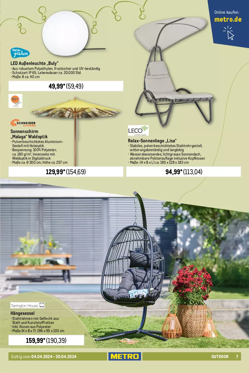 Aktueller Prospekt Metro - Outdoor & Grill - von 04.04 bis 30.04.2024 - strona 7 - produkty: aluminiumgestell, auer, bio, eckschrank, eis, elle, flasche, hängesessel, Holz, kissen, kopfkissen, lamm, Leuchte, Liege, Metro, Rauch, rel, Ria, Schrank, schubladen, sessel, sonnenliege, sonnenschirm, Ti, tisch, unterschrank, wasser