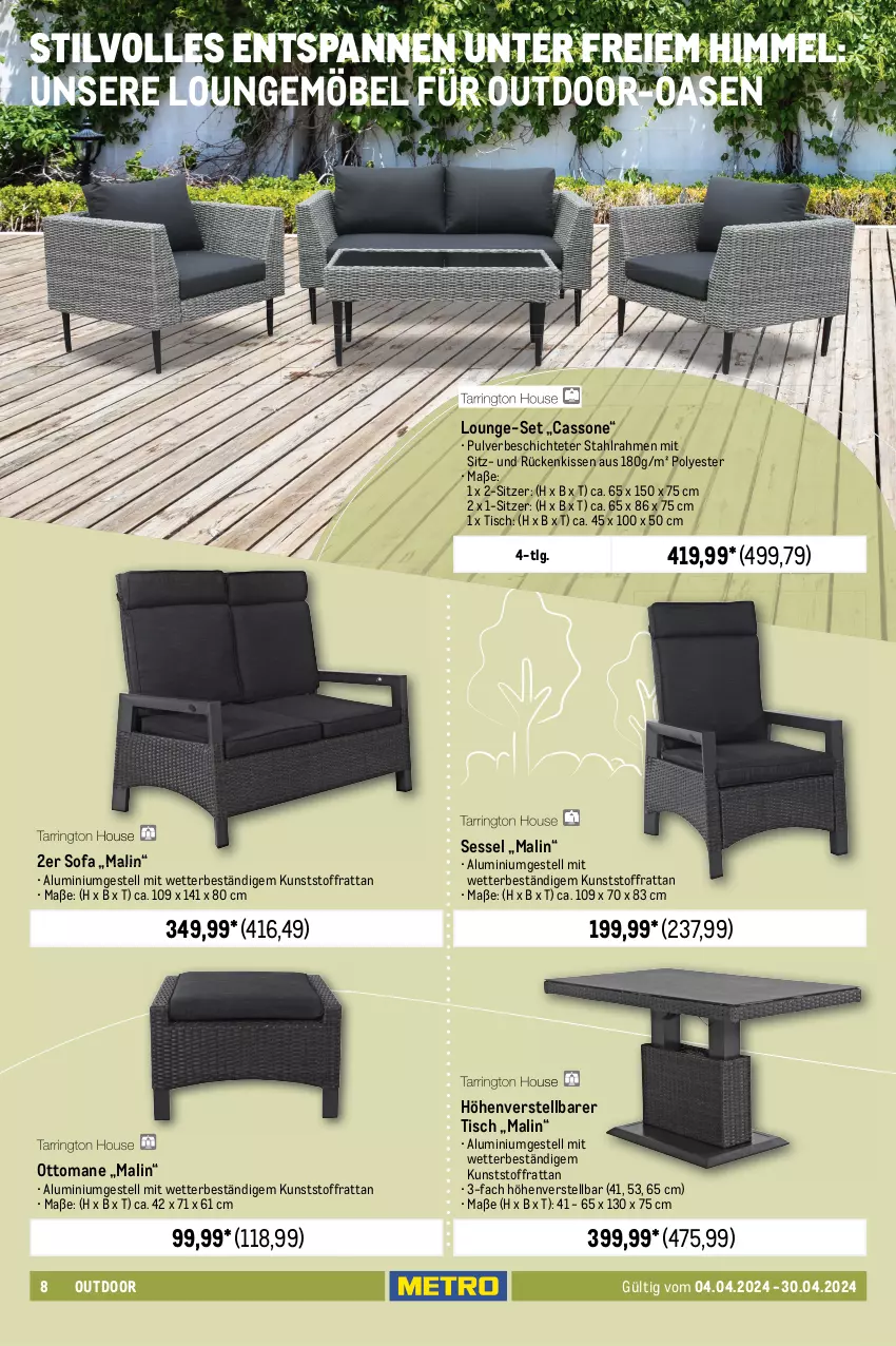 Aktueller Prospekt Metro - Outdoor & Grill - von 04.04 bis 30.04.2024 - strona 8 - produkty: aluminiumgestell, asti, HP, kissen, klappsessel, latte, LG, lounge-set, möbel, Rückenkissen, Seitenmarkise, sessel, Sofa, Ti, tisch, tischplatte