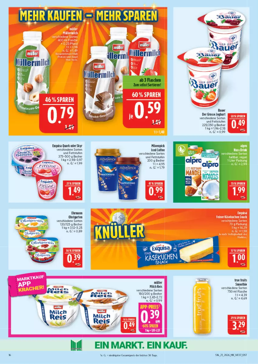 Aktueller Prospekt Marktkauf - Prospekt - von 17.05 bis 23.05.2026 - strona 16 - produkty: auer, Bau, Bauer, Becher, ehrmann, eis, exquisa, fitline, flasche, Garten, joghur, joghurt, mövenpick, Müller, obst, obstgarten, quark, reis, Skyr, smoothie, true fruits, Yo, ZTE