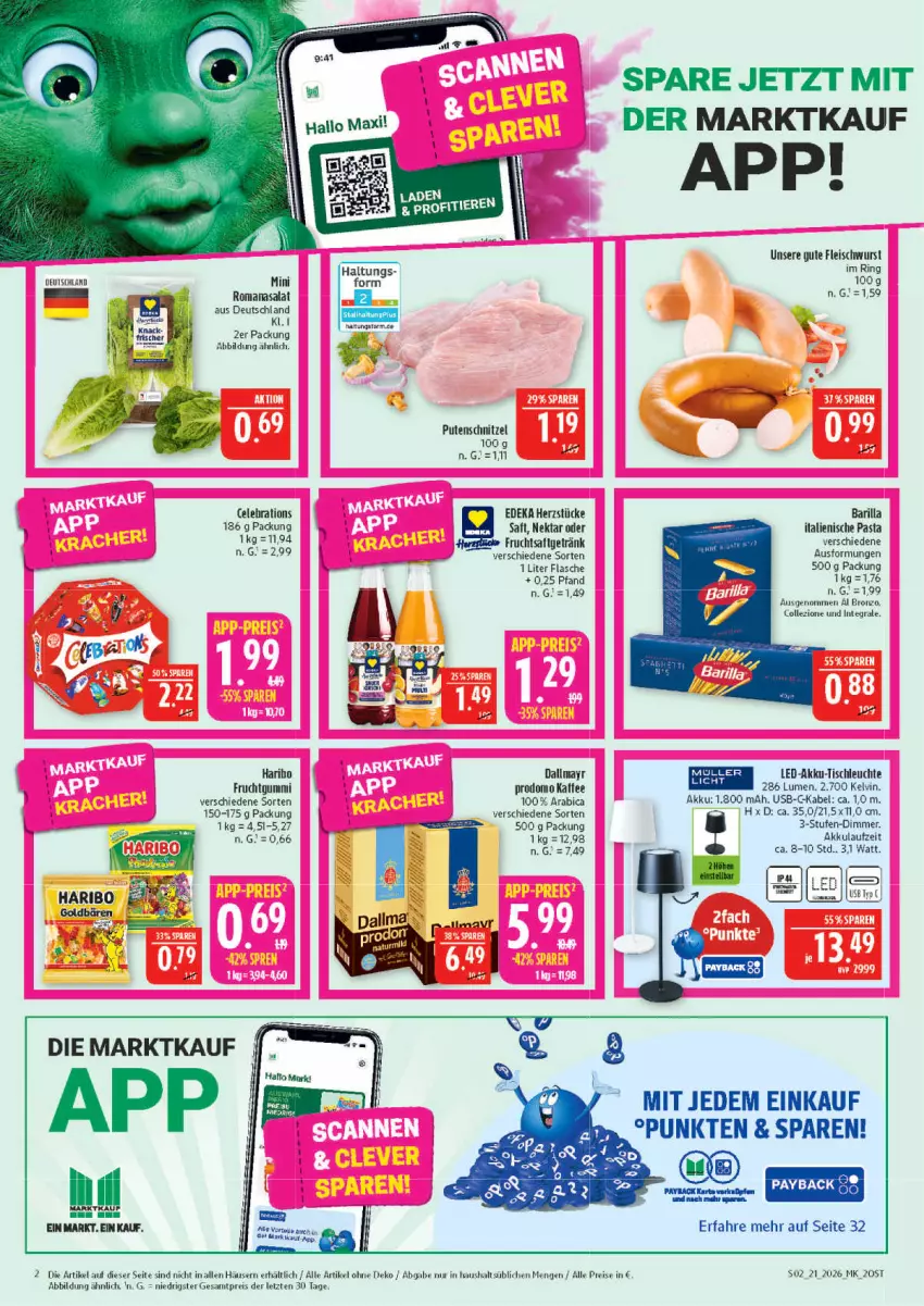 Aktueller Prospekt Marktkauf - Prospekt - von 17.05 bis 23.05.2026 - strona 2 - produkty: akku, Bad, barilla, dallmayr, dallmayr prodomo, deka, dimmer, eis, flasche, fleisch, fleischwurst, frucht, fruchtgummi, fruchtsaft, fruchtsaftgetränk, getränk, haribo, italienische pasta, kaffee, Leuchte, LG, Nektar, pasta, payback, prodomo, pute, putenschnitzel, reis, ring, Romanasalat, saft, salat, schnitzel, Ti, tisch, tischleuchte, usb, wurst, ZTE