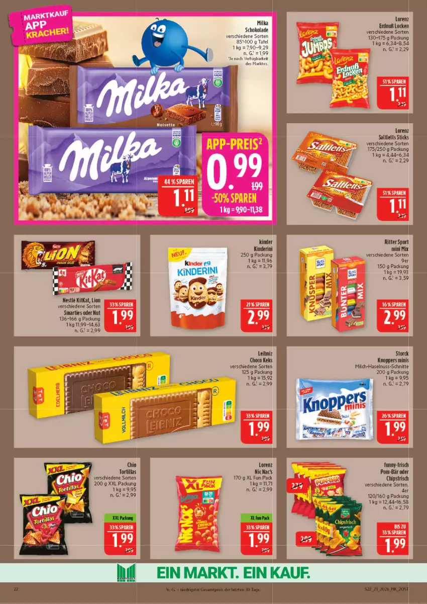 Aktueller Prospekt Marktkauf - Prospekt - von 17.05 bis 23.05.2026 - strona 22 - produkty: haselnuss, keks, knoppers, leibniz, lorenz, milch, milka, milka schokolade, nuss, saltletts, schoko, schokolade, smarties, storck, Ti, vollmilch