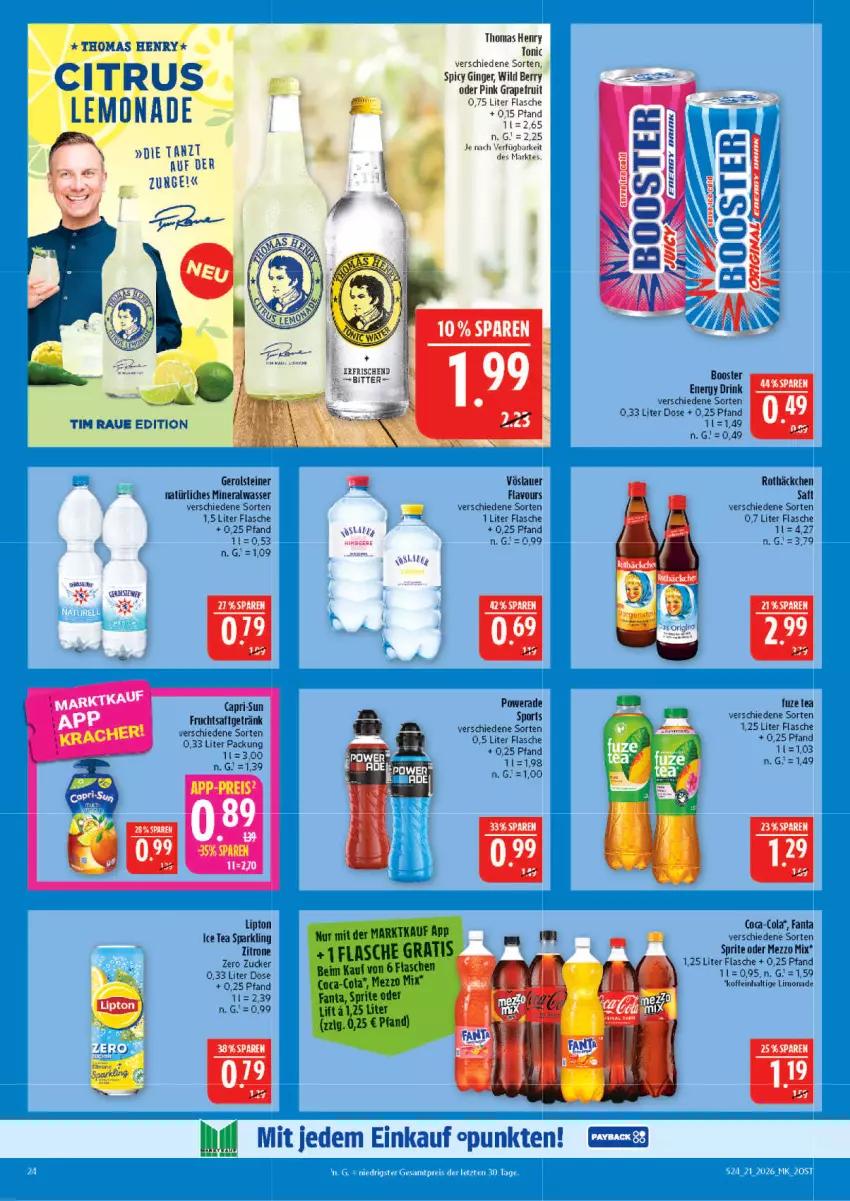 Aktueller Prospekt Marktkauf - Prospekt - von 17.05 bis 23.05.2026 - strona 24 - produkty: Alwa, auer, Cap, capri-sun, cin, cola, drink, energy drink, fanta, flasche, frucht, fruchtsaft, fruchtsaftgetränk, fuze tea, gerolsteine, gerolsteiner, getränk, gin, ginger, grapefruit, ice tea, limo, limonade, lipton, lipton ice tea, Mezzo Mix, mineralwasser, natürliches mineralwasser, saft, Sport, sprite, steiner, thomas henry, Ti, tonic, vöslauer, wasser, Wild, wild berry, zitrone, zucker