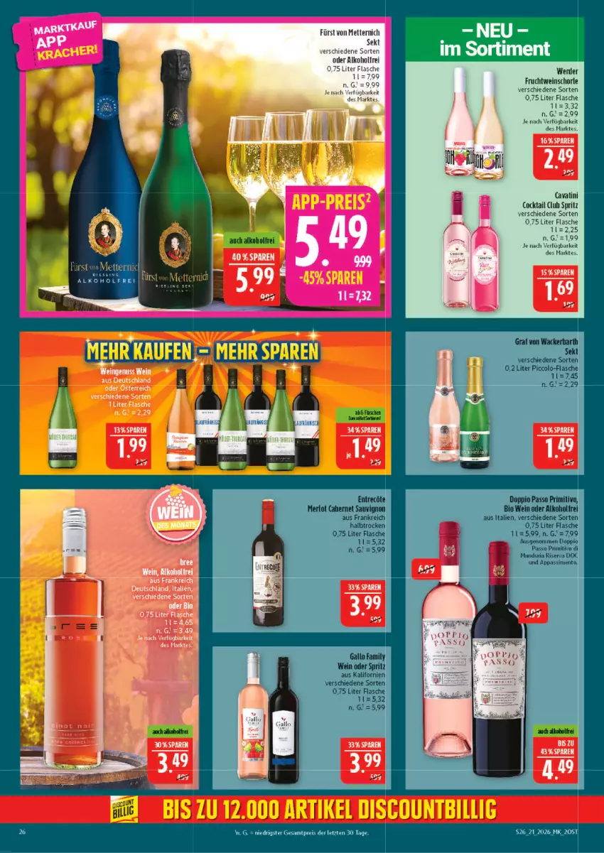Aktueller Prospekt Marktkauf - Prospekt - von 17.05 bis 23.05.2026 - strona 26 - produkty: alkohol, bio, cabernet, cabernet sauvignon, Cava, cocktail, doppio passo, ente, flasche, frucht, fürst von metternich, gallo, gallo family, merl, merlot, Mett, metternich, nuss, passo, primitivo, Ria, riesling, sauvignon, schorle, sekt, tee, Ti, wein, weinschorle