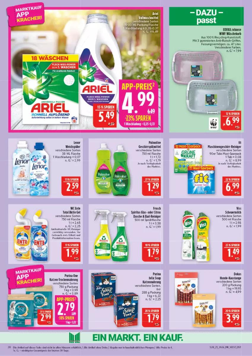 Aktueller Prospekt Marktkauf - Prospekt - von 17.05 bis 23.05.2026 - strona 28 - produkty: aktiv gel, ariel, aust, Bad, Bad-Reiniger, citrus, Clin, deka, dusche, eis, elle, ente, felix, flasche, Frosch, geschirr, geschirrspülmittel, Heu, katzennahrung, kraft, lenor, milch, olive, palmolive, purina, Rauch, reiniger, reis, rwe, scheuermilch, spiritus, sprühflasche, spülmittel, Ti, Trockennahrung, wasser, wc ente, wc-reiniger, weichspüler, ZTE