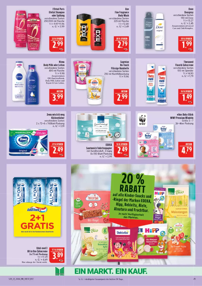 Aktueller Prospekt Marktkauf - Prospekt - von 17.05 bis 23.05.2026 - strona 29 - produkty: Bebe, bio, body, body lotion, body milk, creme, deo, deospray, dove, eis, elkos, elvital, flasche, frucht, gin, Handseife, himbeer, Kamill, kamille, küche, Küchen, küchentücher, Lotion, nivea, Odol, papier, Q10, reis, sagrotan, Seife, shampoo, shampoo oder spülung, spülung, theramed, Ti, toilettenpapier, tücher, vita, windeln, zahncreme, zewa, ZTE
