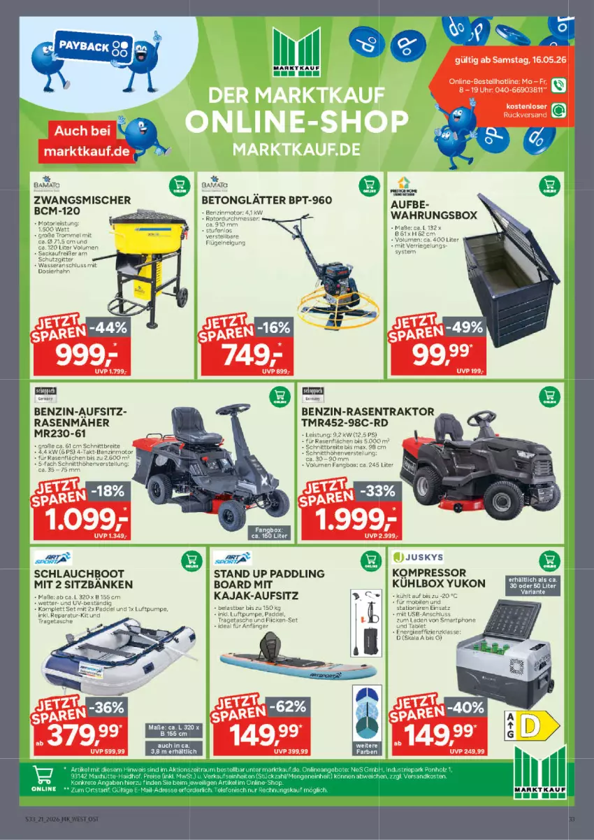 Aktueller Prospekt Marktkauf - Prospekt - von 17.05 bis 23.05.2026 - strona 33 - produkty: abis, Bank, Brei, eier, eis, Kajak, kompressor, kühlbox, rasen, Rasentraktor, riegel, schlauch, senf, sitzbank, Tasche, Ti, tragetasche, uhr, wasser