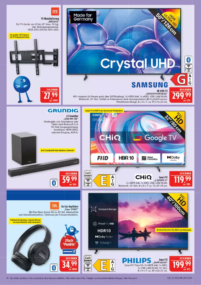 Aktueller Prospekt Marktkauf - Prospekt - von 17.05 bis 23.05.2026 - strona 36 - produkty: akku, eis, HDMI, jbl, kopfhörer, Nuance, reis, Ria, schnellladefunktion, smartphone, soundbar, tablet, telefon, Ti, tisch, uhd, UHD-TV, usb, wandhalterung