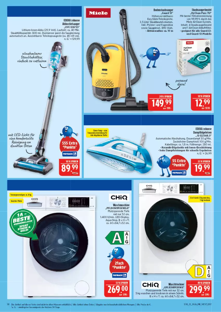Aktueller Prospekt Marktkauf - Prospekt - von 17.05 bis 23.05.2026 - strona 38 - produkty: akku, aqua, auer, auto, Behälter, beutel, bodenstaubsauger, bügel, Bügeleisen, dampfbügeleisen, deka, dell, eis, elle, led-licht, Lithium-Lonen-Akku, miele, Mode, Pinsel, Reinigung, reis, Schal, staubbeutel, staubsauger, staubsaugerbeutel, Stielsauger, Teleskop, Ti, tisch, Trockner, Waschen und Trocknen, waschmaschine, waschtrockner, ZTE