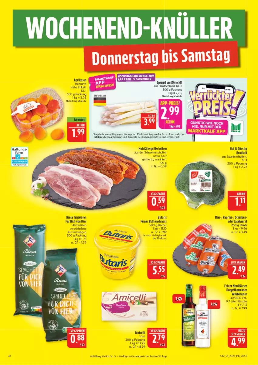 Aktueller Prospekt Marktkauf - Prospekt - von 17.05 bis 23.05.2026 - strona 42 - produkty: amicelli, angebot, angebote, aprikose, aprikosen, Becher, bier, brokkoli, butter, Butterschmalz, doppelkorn, eis, flasche, grill, hartweizen, Holz, jagdwurst, korn, kräuter, LG, malz, natur, paprika, reis, riesa, schinken, Schmalz, schwein, schweine, spargel, teigwaren, Ti, wein, weine, Wild, wurst, ZTE