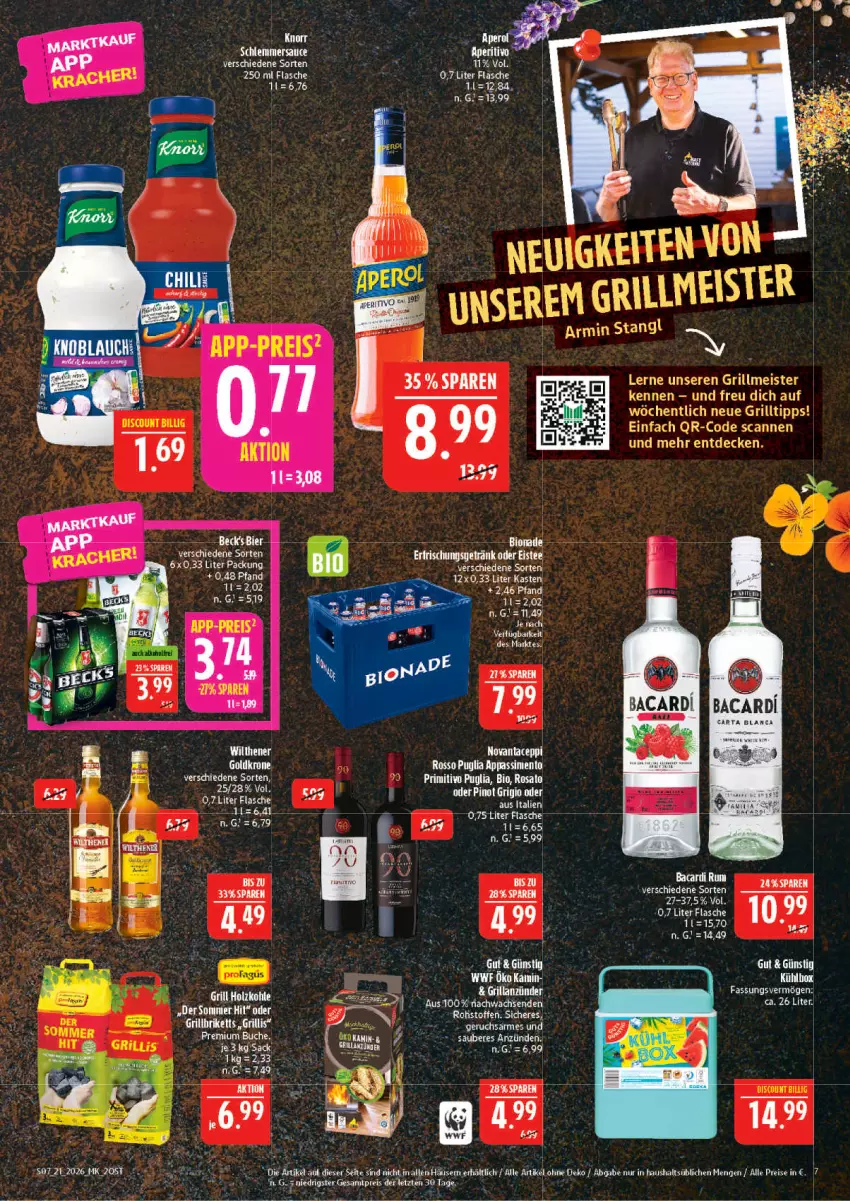 Aktueller Prospekt Marktkauf - Prospekt - von 17.05 bis 23.05.2026 - strona 7 - produkty: bacardi, bacardi rum, bio, bionade, discount, eis, elle, flasche, goldkrone, grill, grilltipp, Holz, holzkohle, krone, LG, Meister, primitivo, reis, rosato, rum, sauce, schlemmersauce, sim, tee, Ti, ZTE