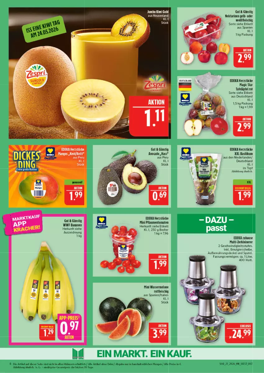Aktueller Prospekt Marktkauf - Prospekt - von 17.05 bis 23.05.2026 - strona 8 - produkty: avocado, banane, bananen, basilikum, Becher, decke, Deckel, deka, discount, eis, Elan, fleisch, kiwi, leine, LG, mango, mangos, melone, Nektar, nektarinen, pflaume, pflaumen, reis, tafeläpfel, Ti, topf, wasser, wassermelone, Zerkleinerer, ZTE