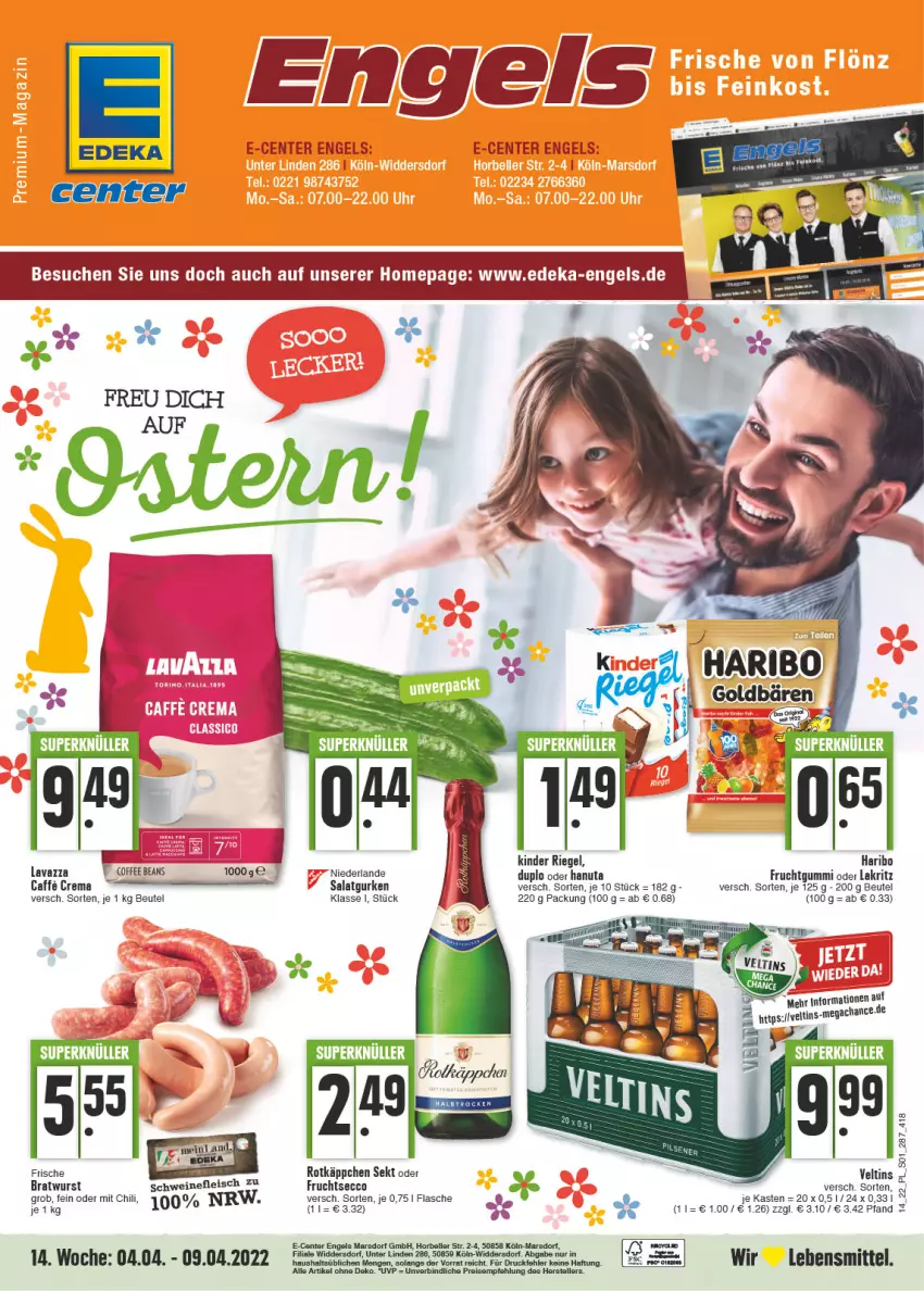 Aktueller Prospekt E Center - Angebote der Woche - von 04.04 bis 09.04.2022 - strona 1 - produkty: beutel, bratwurst, caffe, chili, Duck, duplo, ecco, eis, elle, Engel, ente, flasche, fleisch, frucht, fruchtgummi, fruchtsecco, gurke, gurken, hanuta, haribo, Kinder, kinder riegel, Lakritz, lavazza, lebensmittel, mars, oder lakritz, reis, reiss, riegel, rotkäppchen, salat, Salatgurke, salatgurken, schwein, schweine, schweinefleisch, sekt, teller, Ti, veltins, wein, weine, wurst, Yo