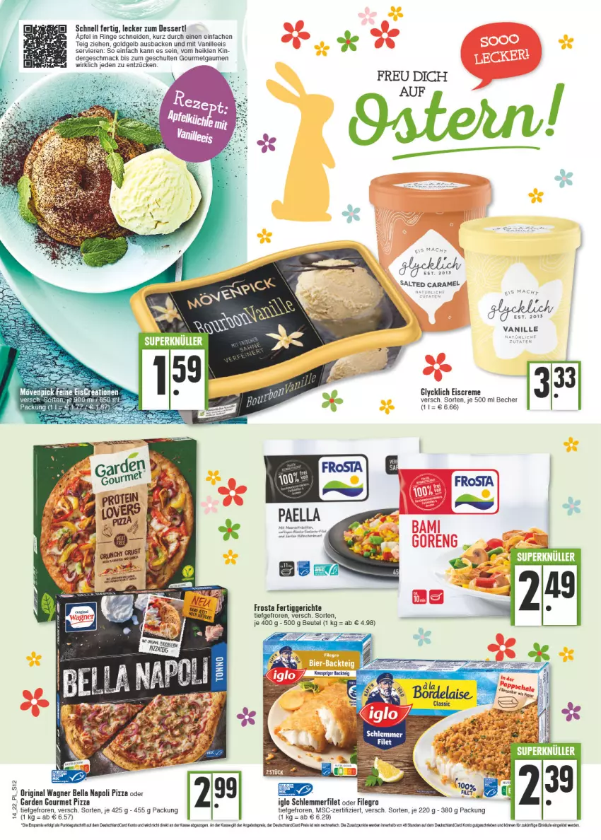 Aktueller Prospekt E Center - Angebote der Woche - von 04.04 bis 09.04.2022 - strona 12 - produkty: apfel, Becher, beutel, caramel, creme, dessert, eis, eiscreme, erde, fertiggericht, fertiggerichte, filegro, filet, frosta, garden gourmet, gin, iglo, LG, mac, mövenpick, original wagner, paella, pizza, reis, ring, schlemmerfilet, Ti, usb, vanille, wagner