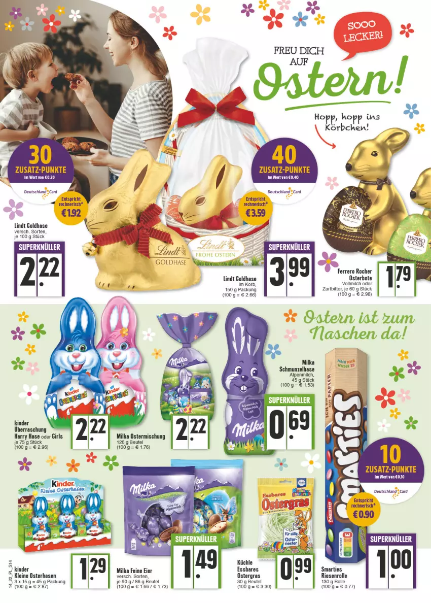 Aktueller Prospekt E Center - Angebote der Woche - von 04.04 bis 09.04.2022 - strona 14 - produkty: alpenmilch, beutel, deutschland card, eier, ferrero, Ferrero Rocher, Kinder, korb, Körbchen, leine, lindt, mac, milch, milka, Ti, vollmilch