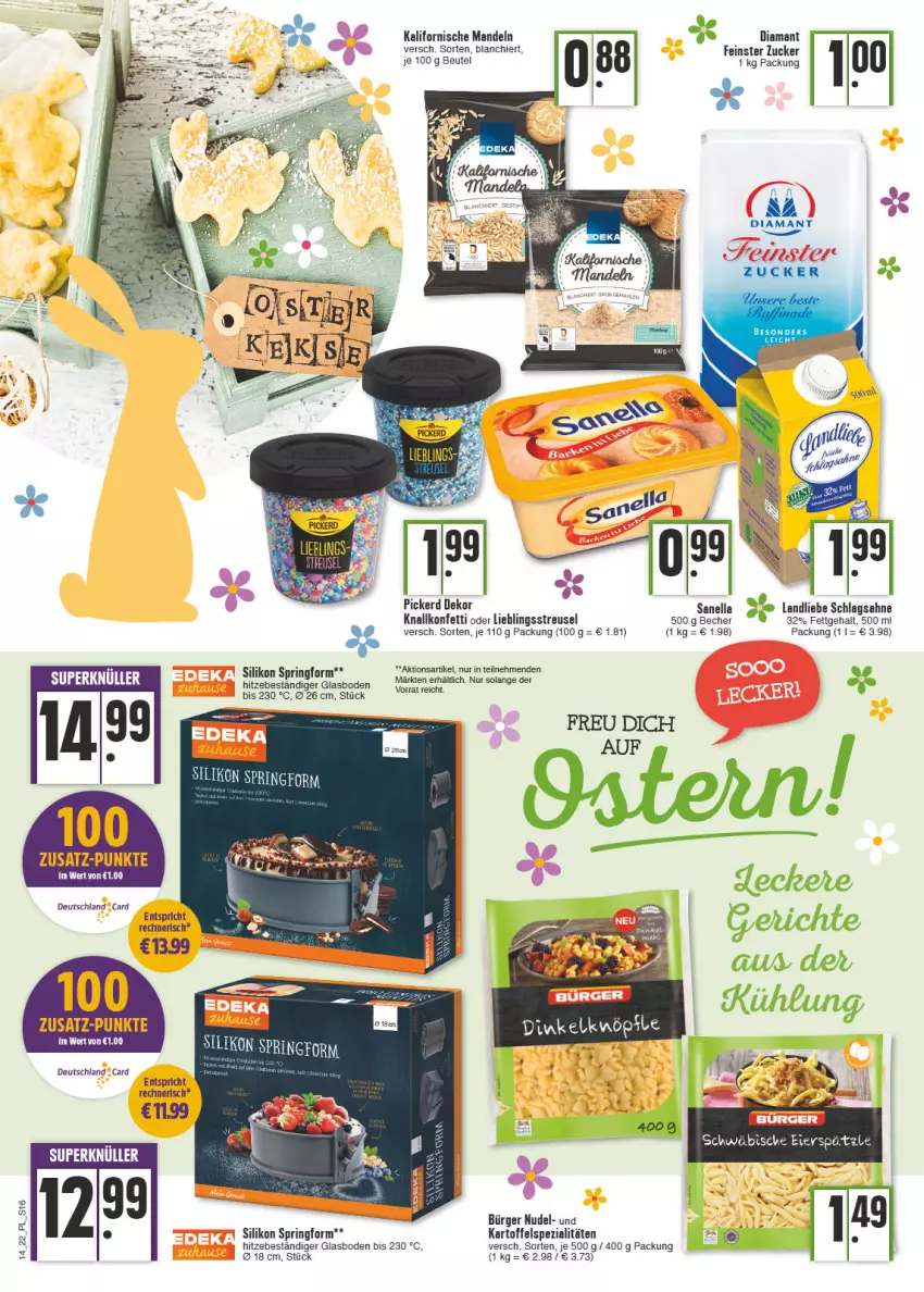 Aktueller Prospekt E Center - Angebote der Woche - von 04.04 bis 09.04.2022 - strona 16 - produkty: Becher, beutel, deutschland card, kartoffel, landliebe, LG, mandel, mandeln, nudel, ring, sahne, schlagsahne, Spezi, Springform, Ti, zucker