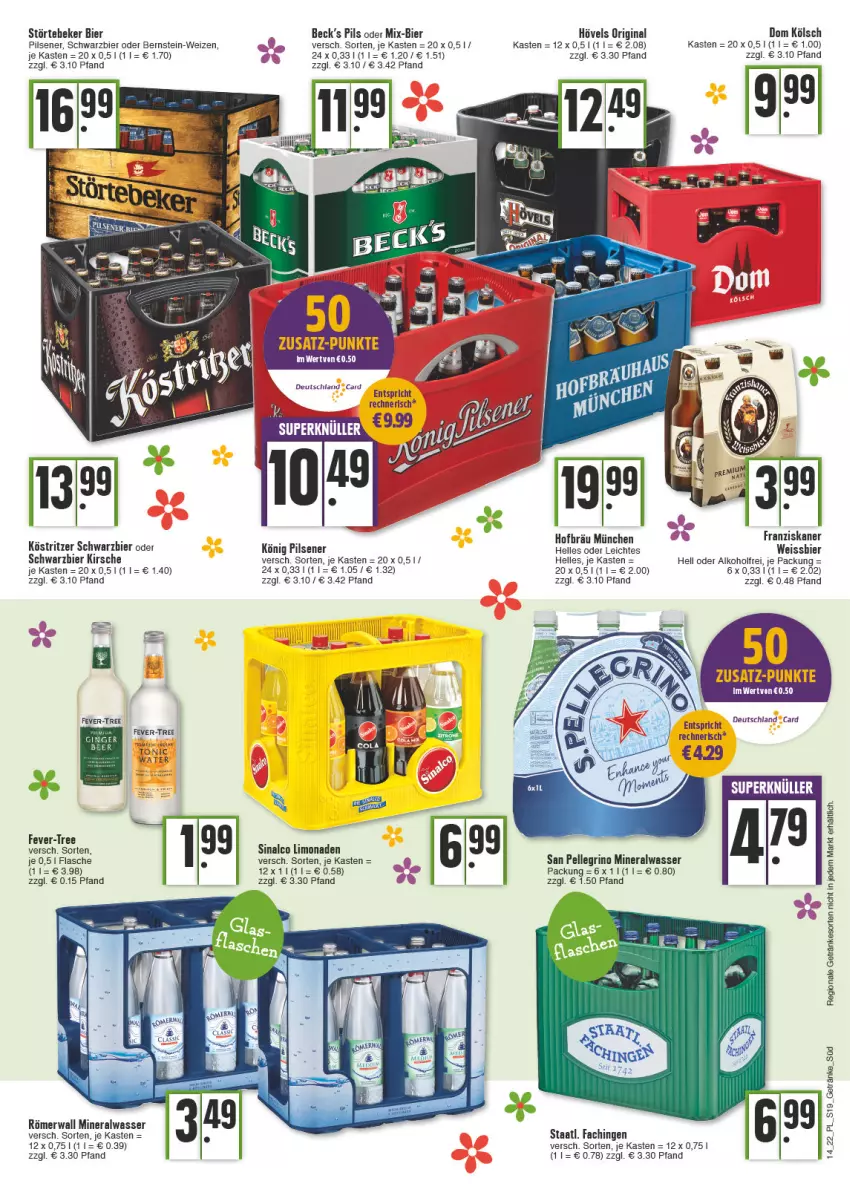 Aktueller Prospekt E Center - Angebote der Woche - von 04.04 bis 09.04.2022 - strona 19 - produkty: alkohol, Alwa, bier, deutschland card, eis, elle, fever-tree, flasche, franziskaner, getränk, getränke, gin, kirsch, kirsche, könig pilsener, limo, limonade, limonaden, mineralwasser, pils, pilsener, san pellegrino, sinalco, Staatl. Fachingen, störtebeker, tonic, wasser, weissbier